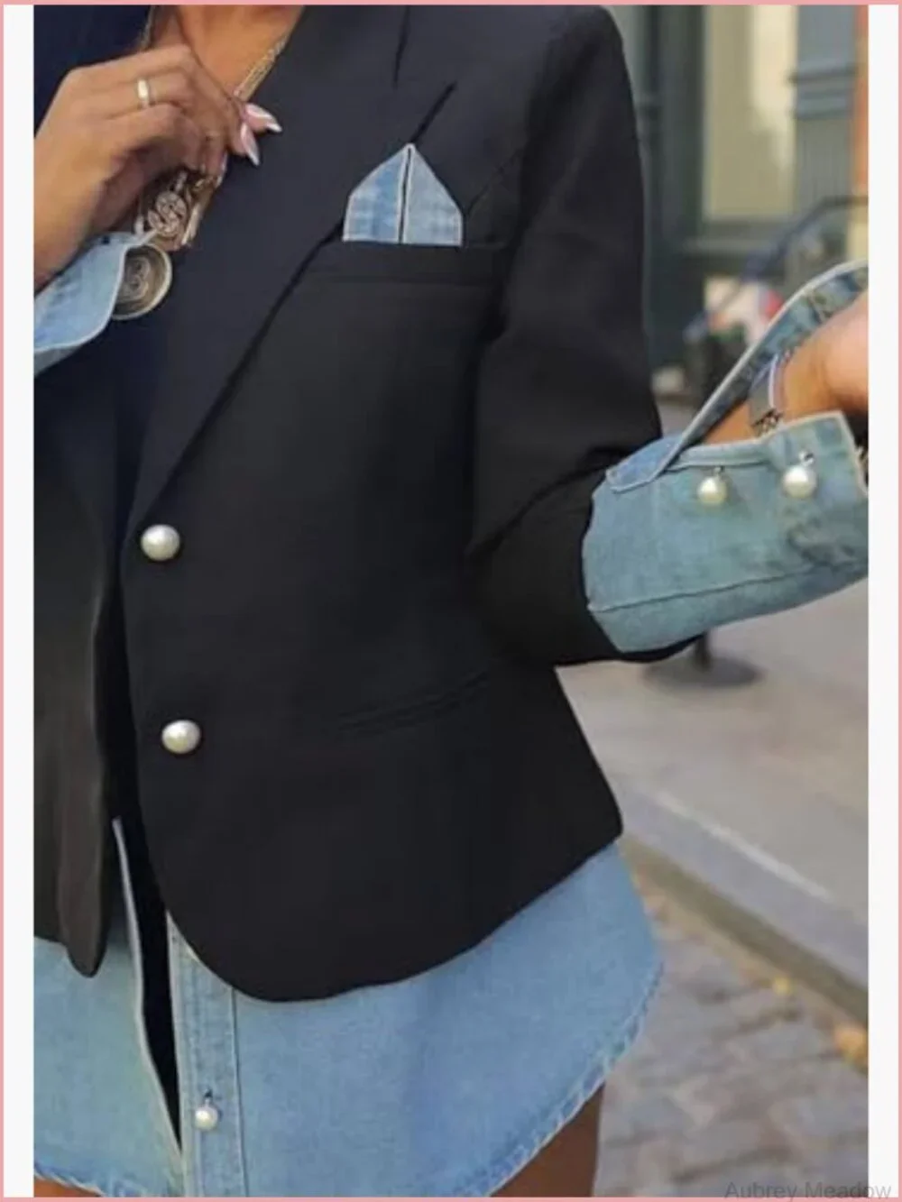 Long Sleeve Button Patchwork Denim Blazer Women Suit Jacket